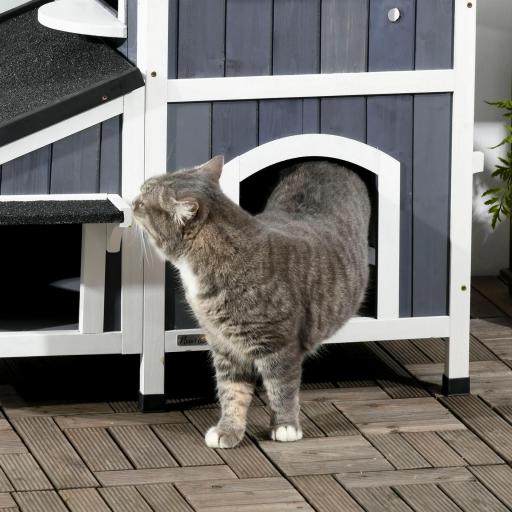 Caseta de Madera de Exterior para Gatos Casa para Gatos Refugio para Gatos de 2 Niveles 96x65x85,5 cm Gris [6]