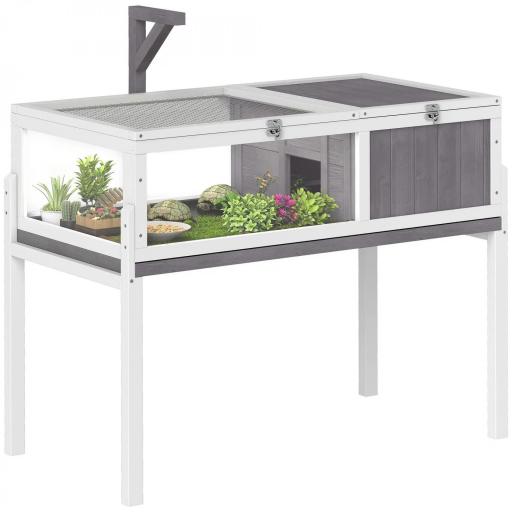 Casa para Tortugas de Madera con Techo de Malla Bandeja Extraíble y Soporte para Lámpara 104x53x82 cm Gris y Blanco [9]