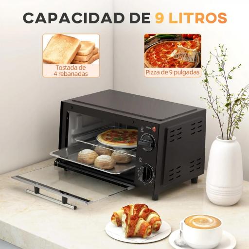 Mini Horno Eléctrico 9L Horno Eléctrico Sobremesa 750W con Temperatura Ajustable Temporizador 35x24,6x20 cm Negro [4]