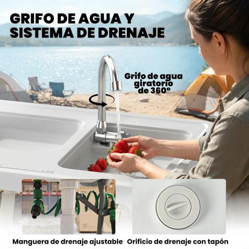 Mesa de Limpieza de Pescado Plegable Portátil con 2 Fregaderos Grifo Manguera Estante Lateral Cesta y Ranuras Blanco [4]
