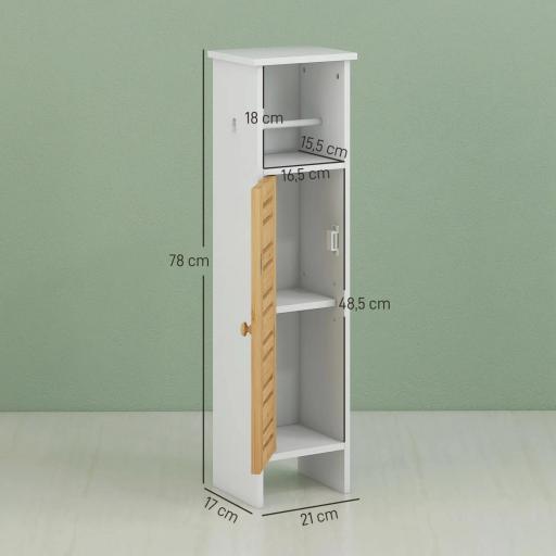 Mueble Auxiliar de Baño con Portarrollos de Papel Estantes Ajustable y Puerta de Bambú 21x17x78 cm Blanco y Natural [1]