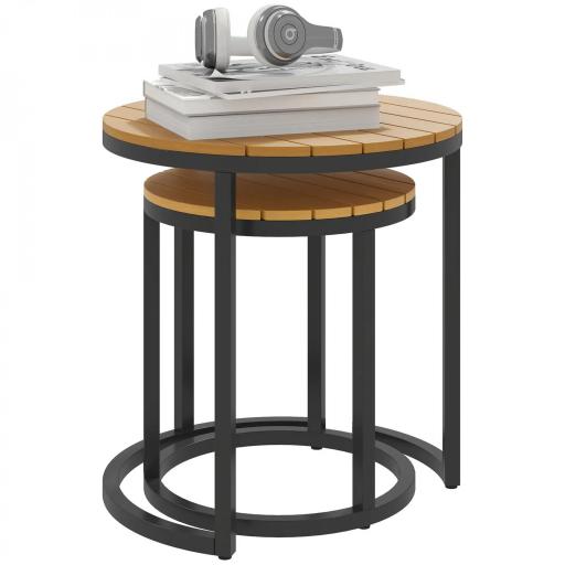 Juego de 2 Mesas de Jardín con Encimera de Madera de Acaica Diseño Listones con Marco de Acero y Pies Ajustables Teca [9]