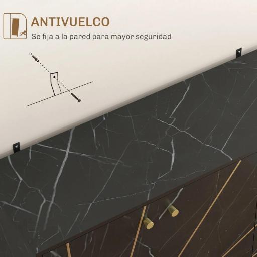 Aparador de Salón con 2 Armarios y Estante Interior Ajustable Buffet acabado Efecto Mármol 107x35x75 cm Negro y Dorado [7]