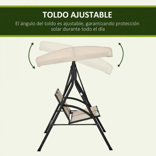 Columpio de Jardín Exterior de 2 Plazas Techo Ajustable y Marco de Acero Asientos de Textilene 140x118x162 cm Beige [2]