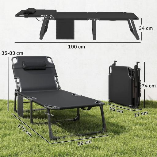 Set de 2 Tumbonas Plegables con Reposacabezas Cojines Bolsillo Lateral y Respaldo Reclinable 5 Posiciones Gris Oscuro [1]