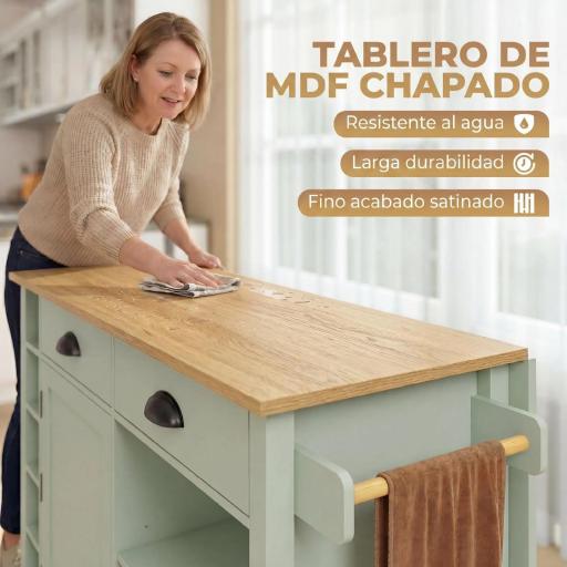 Isla de Cocina con Ruedas Tapa Abatible Especiero Toallero Armario 2 Cajones 117,5x70x91 cm Verde Claro [6]
