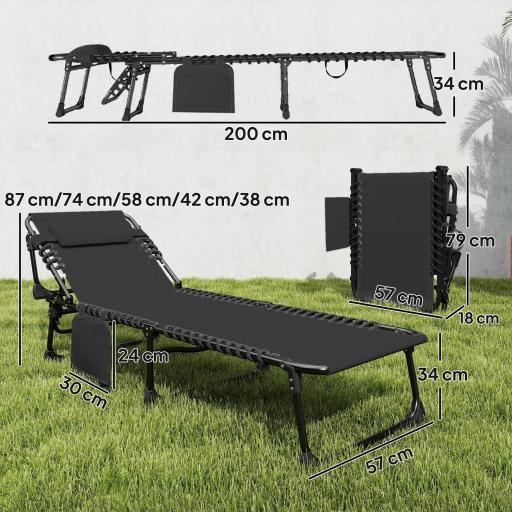 Set de 2 Tumbonas Plegables con Reposacabezas Bolsillo Lateral y Respaldo Reclinable en 5 Posiciones Negro [1]