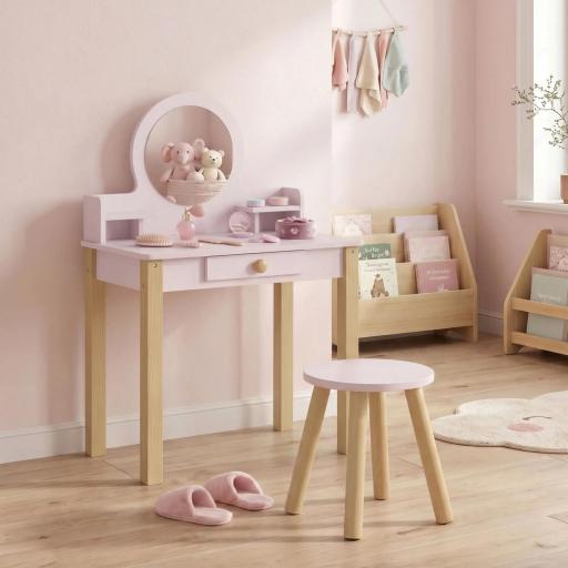 Tocador de Maquillaje Niña Tocador Infantil con Taburete Espejo Cajón y 2 Estantes Abiertos para Niños 3 a 6 Años Rosa [1]