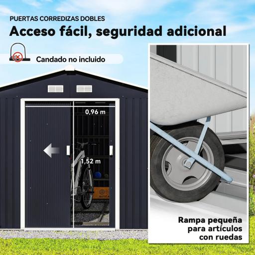 Cobertizo de Jardín 8,3 m² 277x322x192 cm con 2 Puertas Corredizas Base Refuerzo (Suelo NO Incluido) Gris [3]