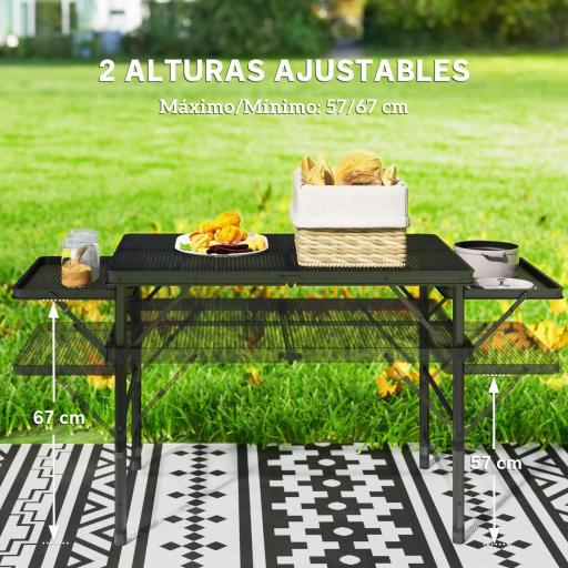 Mesa de Camping Plegable con Laterales Abatibles Altura Ajustable y Encimera Metálica de Rejilla 137x62x67 cm Negro [7]