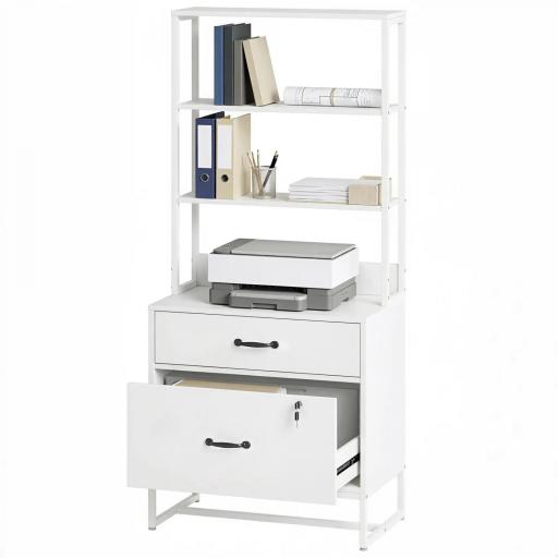 Mueble Archivador con Estantería 2 Cajones Encimera para Impresora Cerradura para A4 Letter Legal Blanco [10]