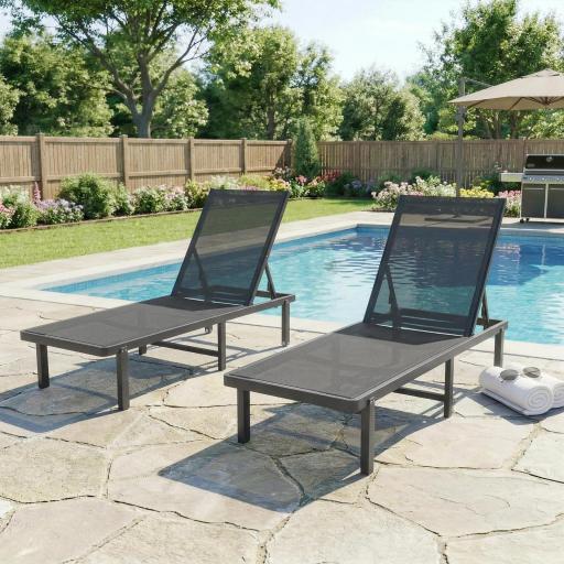 Conjunto de 2 Tumbonas Reclinables con Ruedas Respaldo Ajustable 4 Niveles Estructura de Aluminio Tela Textilene Gris [2]