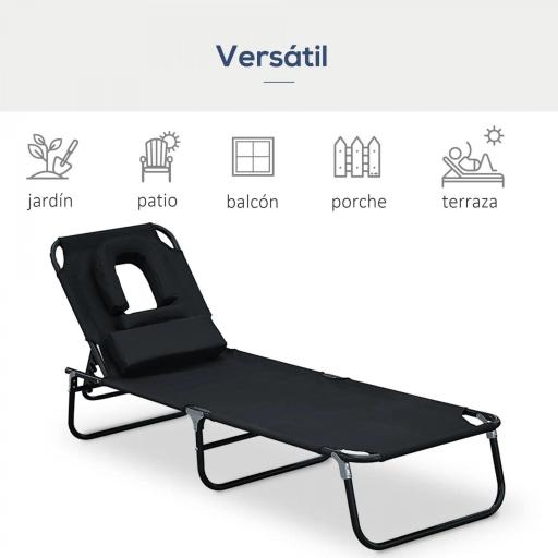 Tumbona de Jardín con Respaldo Ajustable en 4 Niveles Almohada Marco de Acero y Orificio de Lectura 190x56x28 cm Negro [2]