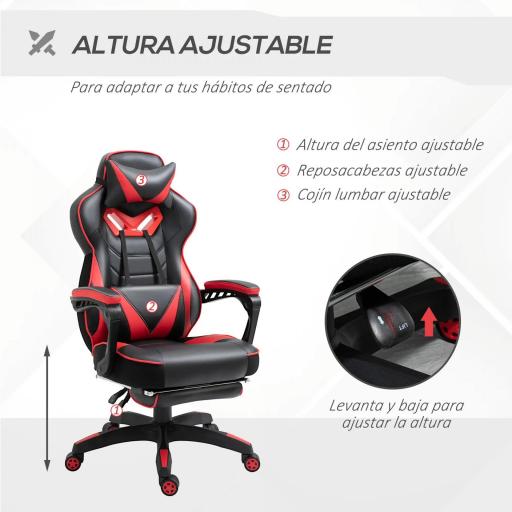 Silla Gaming Ergonómica Silla de Escritorio de Oficina Regulable en Altura Reclinable Respaldo 65x70x118,5-128,5cm Rojo [5]