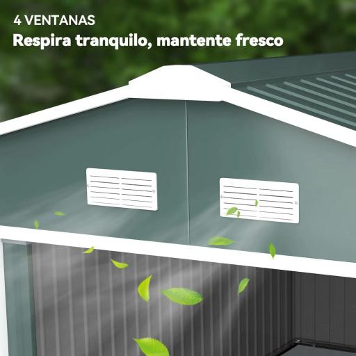 Cobertizo de Jardín 12,4 m² 340x386x200 cm con 2 Puertas Corredizas Base Refuerzo (Suelo NO Incluido) Verde [6]
