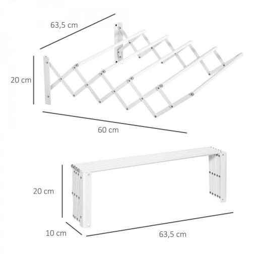 Tendedero de Pared Extensible de 63,5 cm Tendedero de Ropa de Metal con 5 Barras para Interior y Exterior Baño Balcón Carga 10 kg 63,5x60x20 cm Blanco [1]