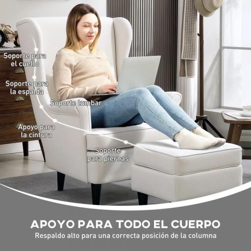 Sillón con Reposapiés Respaldo Alto Capitoné Patas de Madera Almohada Acolchada y Tapizado en Lino Beige [2]