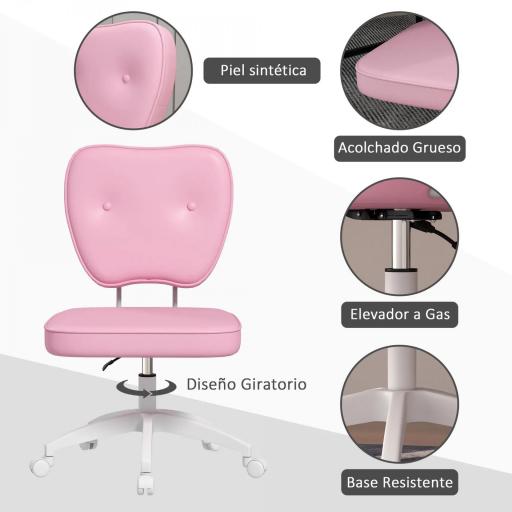 Silla de Oficina Giratoria Tapizada en PU con Altura Ajustable sin Brazos Carga 120 kg 46x59x82-92 cm Rosa [3]