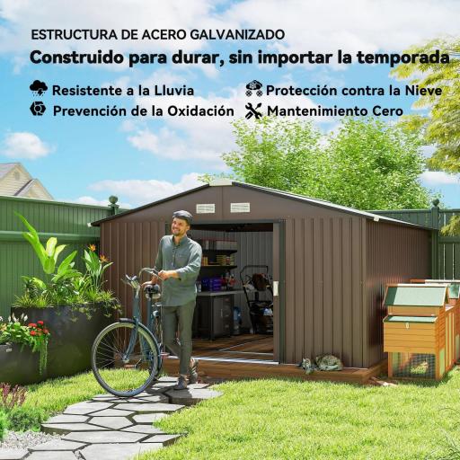 Cobertizo de Jardín Exterior 12,4 m² 340x386x200 cm con Puerta Corredera Techo Inclinado y 4 Ventanas Marrón [3]