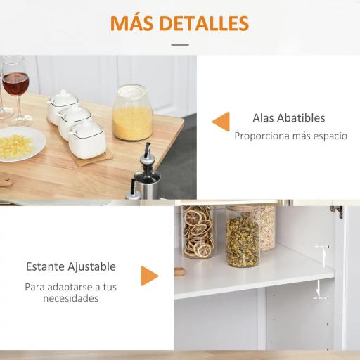 Isla de Cocina con Ruedas Carrito de Servicio con Encimera Extensible Cajones Barra y Especiero 128,8x75,5x92,5 cm Blanco [4]