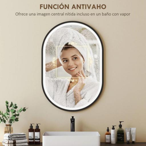 Espejo de Baño con Luz 60x90 cm Espejo de Pared Ovalado 3 Colores de Luz Brillo Regulable Función Antivaho Negro [6]