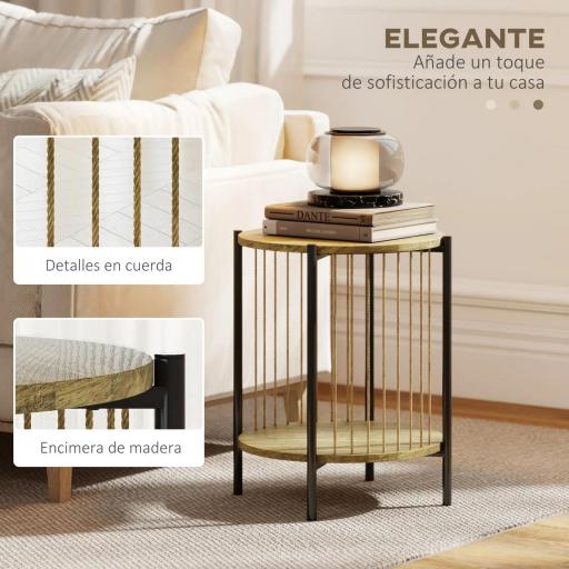Mesa Auxiliar Redonda de 2 Niveles con Estante y Estructura de Acero para Salón Dormitorio 43,5x43,5x51 cm Natural [2]