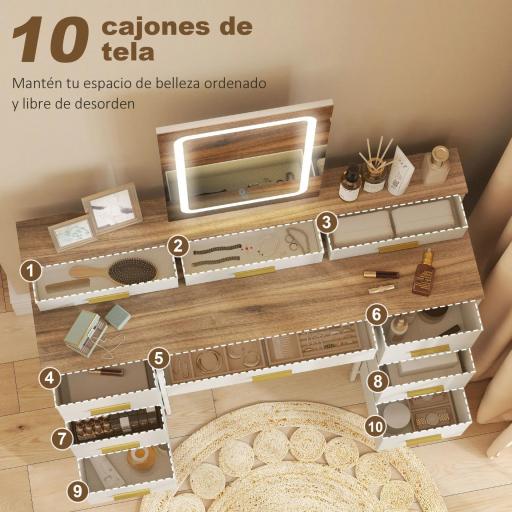 Tocador de Maquillaje con Luces LED de 3 Colores Espejo Tocador con 10 Cajones de Tela Patas de Acero Natural [4]