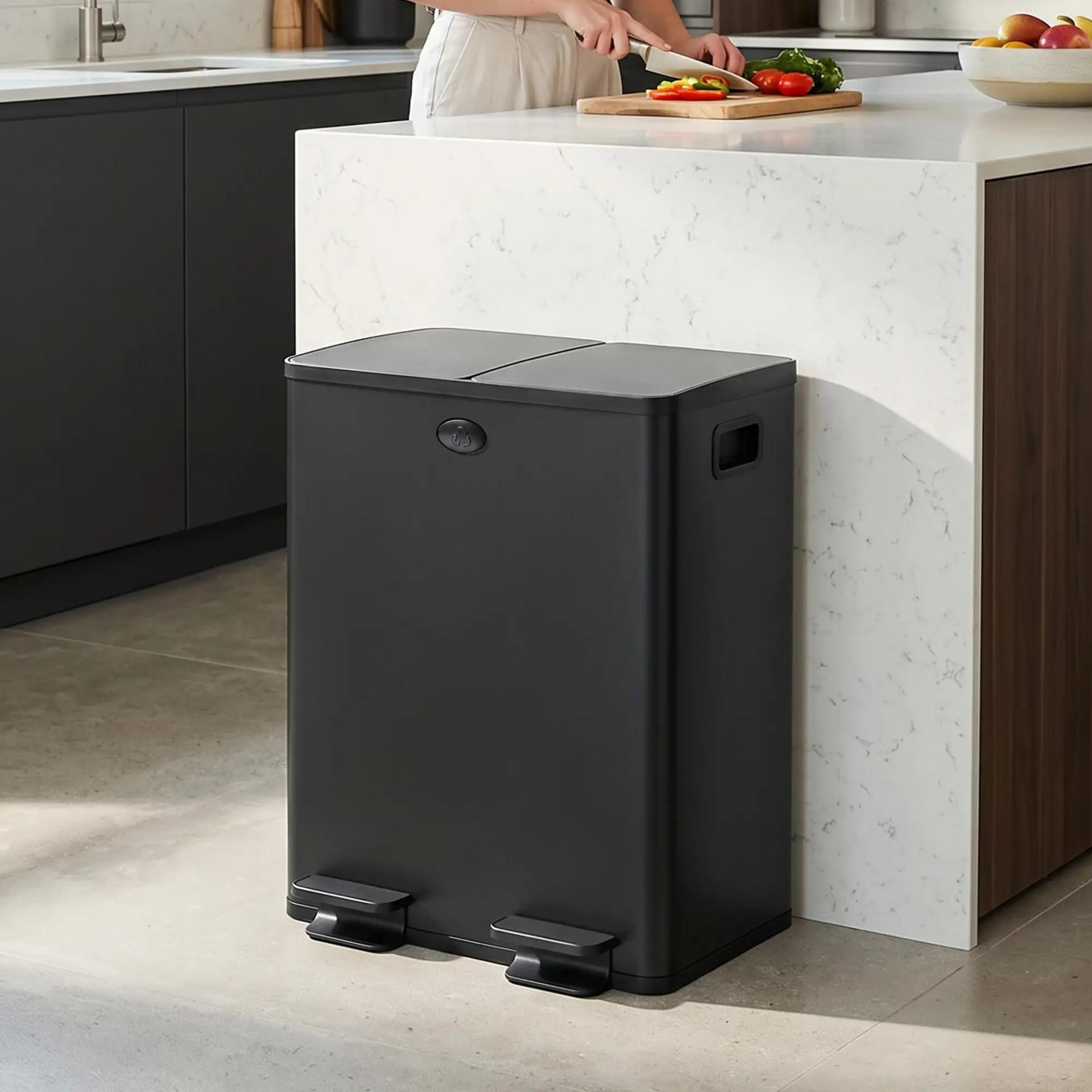 Papelera de Cocina de Acero Inoxidable con 2 Compartimentos 2x20L Pedal Tapas de Cierre Suave y Cubo Extraíble Negro