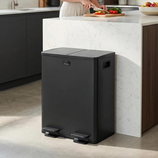 Papelera de Cocina de Acero Inoxidable con 2 Compartimentos 2x20L Pedal Tapas de Cierre Suave y Cubo Extraíble Negro [0]