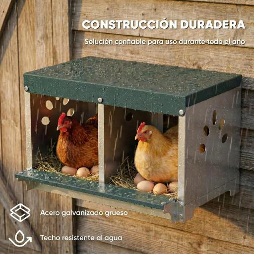 Ponedero para Gallinas de Acero Galvanizado con 2 Huecos para 2 Gallinas con Techo Impermeable y Ventilación Plateado y Verde [7]