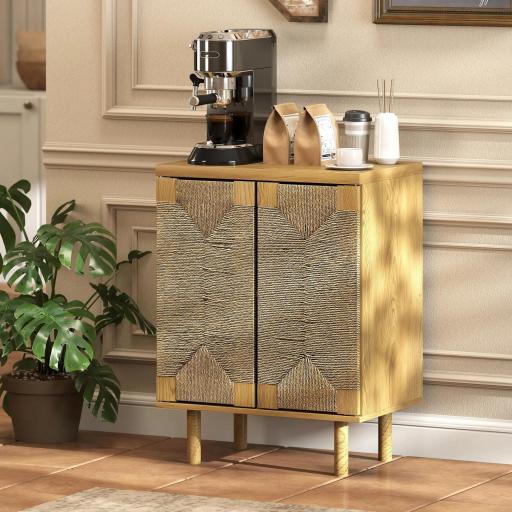 Aparador Bohemio de 2 Puertas con Cuerda Tejida a Mano Estante Ajustable Apertura por Presión Roble 60x40x78 cm [5]