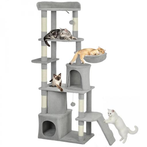 Árbol Rascador para Gatos Grande Altura 170 cm con 7 Postes 1 Túnel 3 Plataformas 2 Cuevas 1 Hamaca Gris Claro [8]