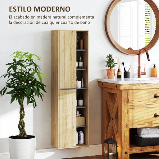 Columna de Baño de Pared Armario de Baño con Compartimentos Abiertos y 2 Puertas 40x24x141,5 cm Natural [4]