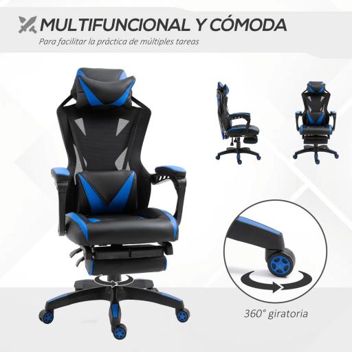Silla Gaming Ergonómica Silla de Escritorio para Oficina con Altura Ajustable Respaldo Regulable de 170° Almohada Lumbar y Reposapiés Retráctil 65x70x117-125 cm Azul [3]