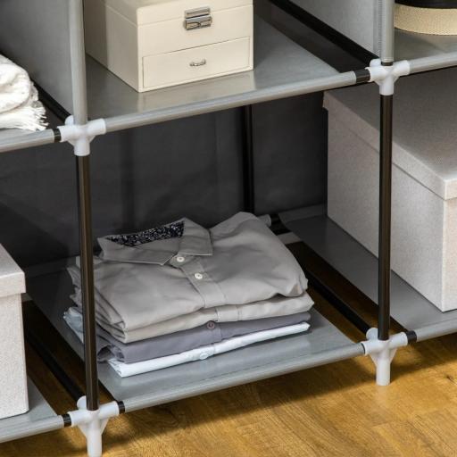 Armario de Tela Plegable Ropero Portátil con 8 Estantes y 2 Barras de Colgar para Dormitorio 125x43x162,5 cm Gris [4]