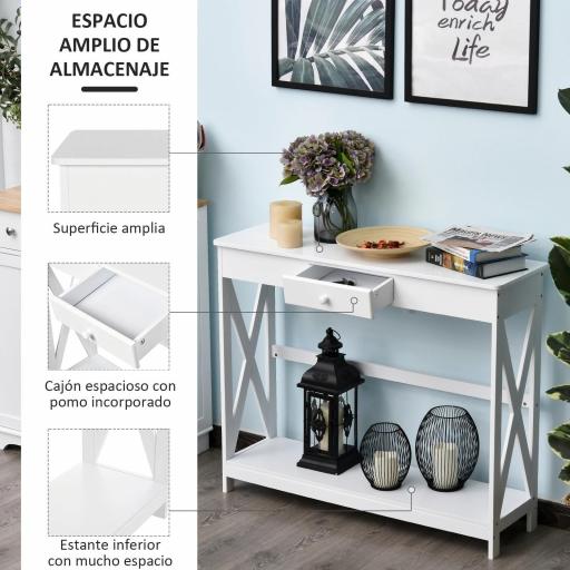 Mesa de Consola de Madera Mesa de Entrada con 1 Cajón y 1 Estante de Almacenaje para Pasillo Salón 100x30x81cm Blanco [2]