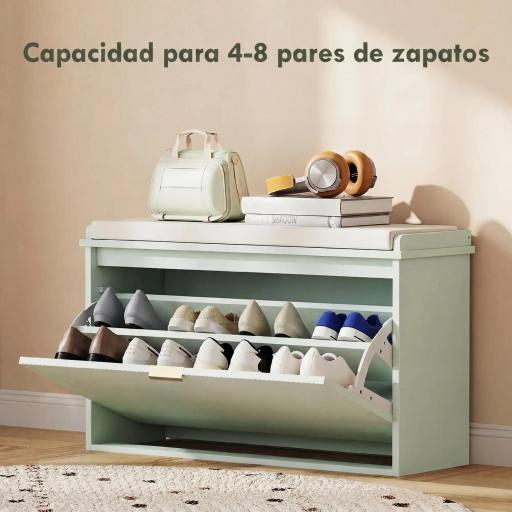 Banco Zapatero con Asiento Acolchado Cajón Abatible Estante Ajustable para Entrada Dormitorio 80x26x47,5 cm Verde Claro [5]