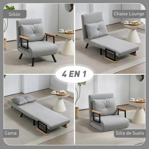Sofá Cama Individual Plegable Sofá Cama Convertible 4 en 1 Respaldo Ajustable de 5 Niveles y Almohada 63x73x81 cm Gris [2]
