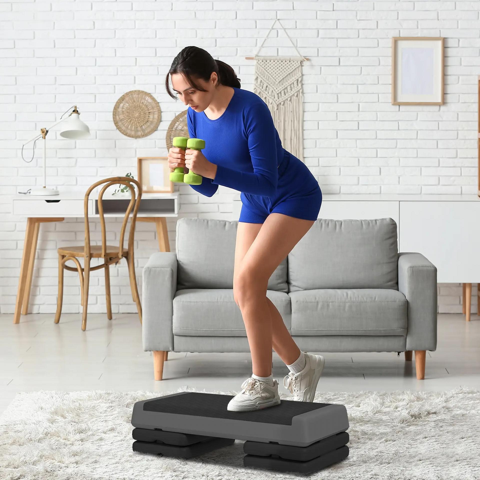 Step de Aeróbic Step para Fitness Antideslizante Altura Regulable 3 Niveles 77x36x20,5cm Gris y Negro