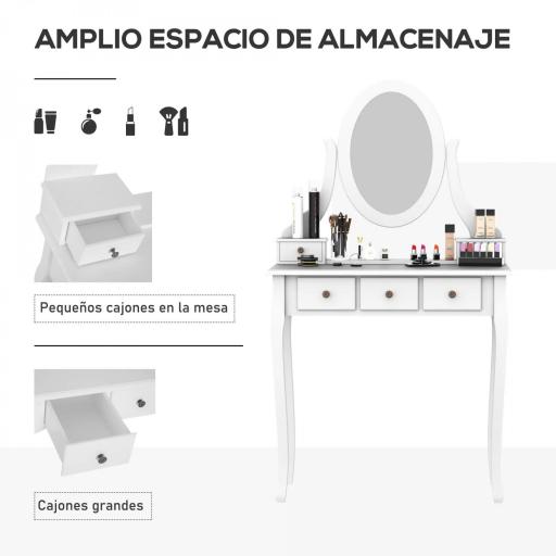 Tocador + Taburete y Espejo Mesa Maquillaje 5 Cajones Blanco Negro Mesa MDF (Blanco) [4]