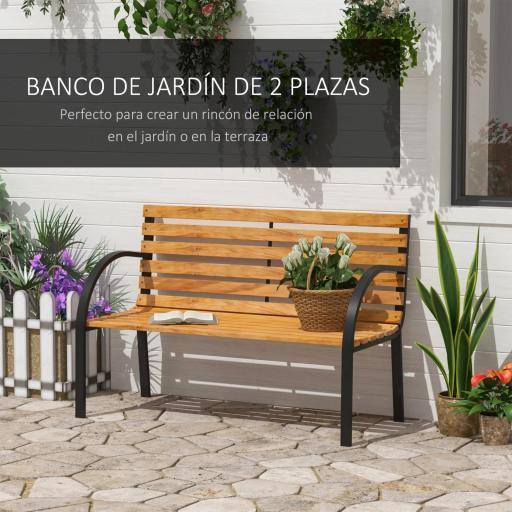 Banco de Jardín de Madera de 2 Plazas 122x60x83 cm con Respaldo y Apoyabrazos Listones y Marco de Acero Carga 220 kg Color Natural y Negro [8]