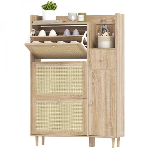 Zapatero con 3 Cajones Abatibles con Frentes de Ratán Cajón y Armario para Decoraciones y Llaves 80x23x120 cm Roble [8]