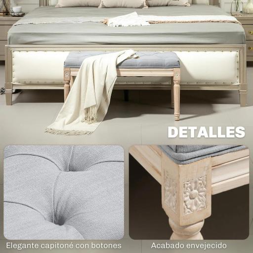 Banco Pie de Cama Tapizado en Lino Sintético con Patas de Madera y Asiento Acolchado Estilo Vintage Gris Claro [7]