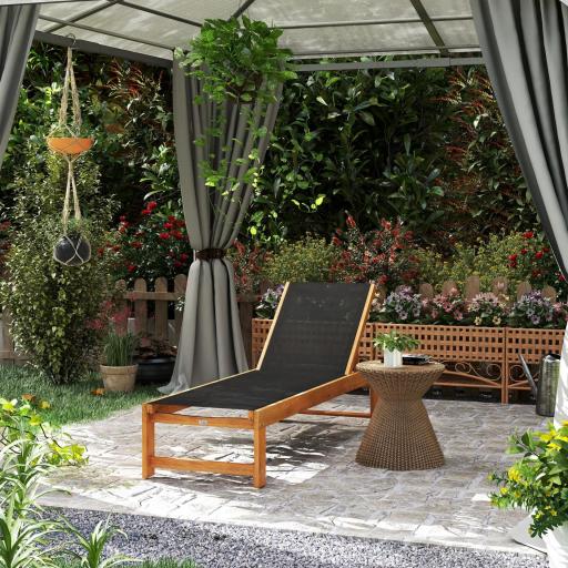 Tumbona de Jardín con Respaldo Ajustable Ruedas Integradas y Estructura de Madera de Acacia Capacidad de 160 kg Negro [0]