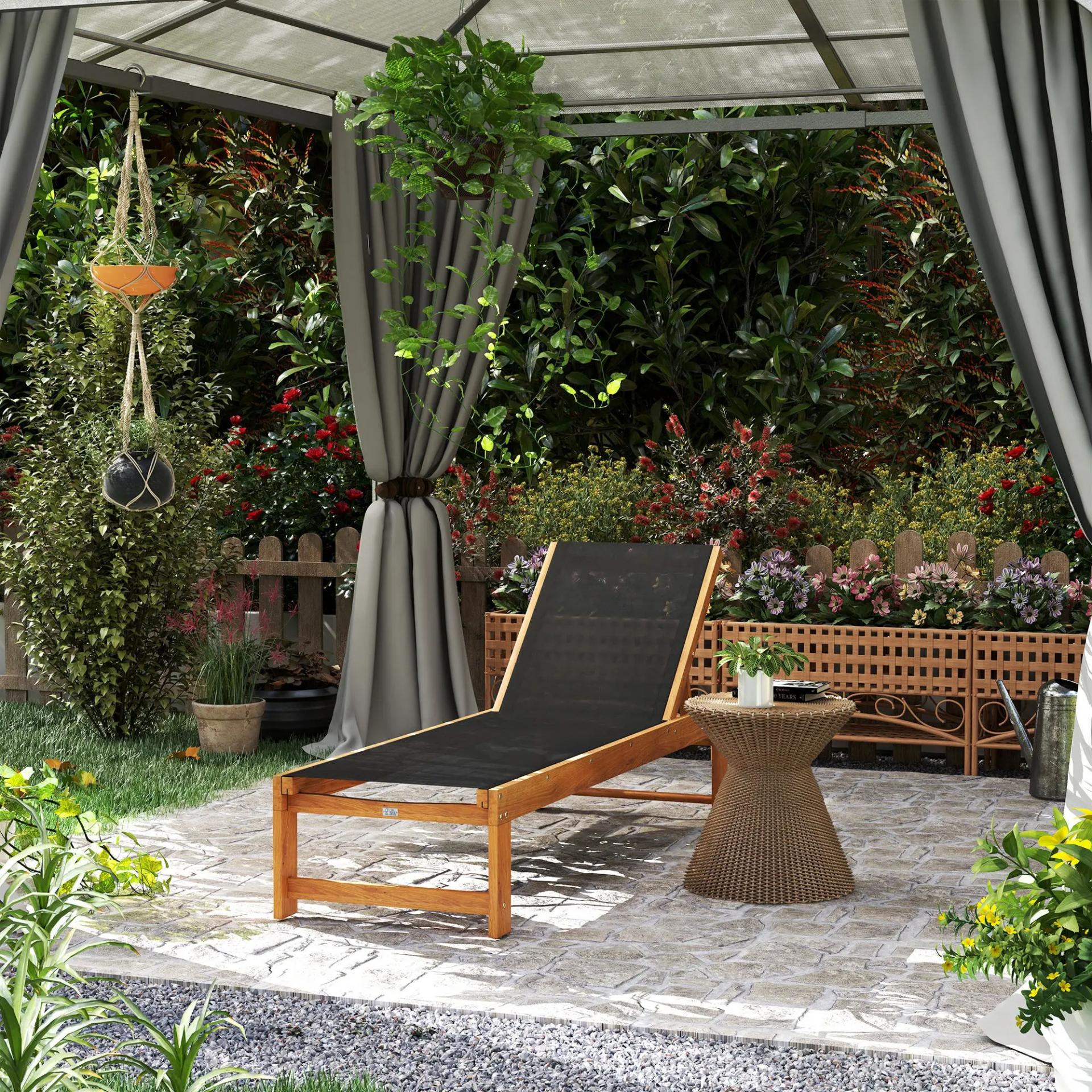Tumbona de Jardín con Respaldo Ajustable Ruedas Integradas y Estructura de Madera de Acacia Capacidad de 160 kg Negro