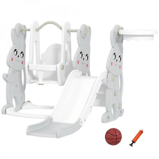 Tobogán Infantil con Columpio con Barandilla y Canasta 4 en 1 para Niños de +18 Meses 147,5x160x107 cm Gris [7]