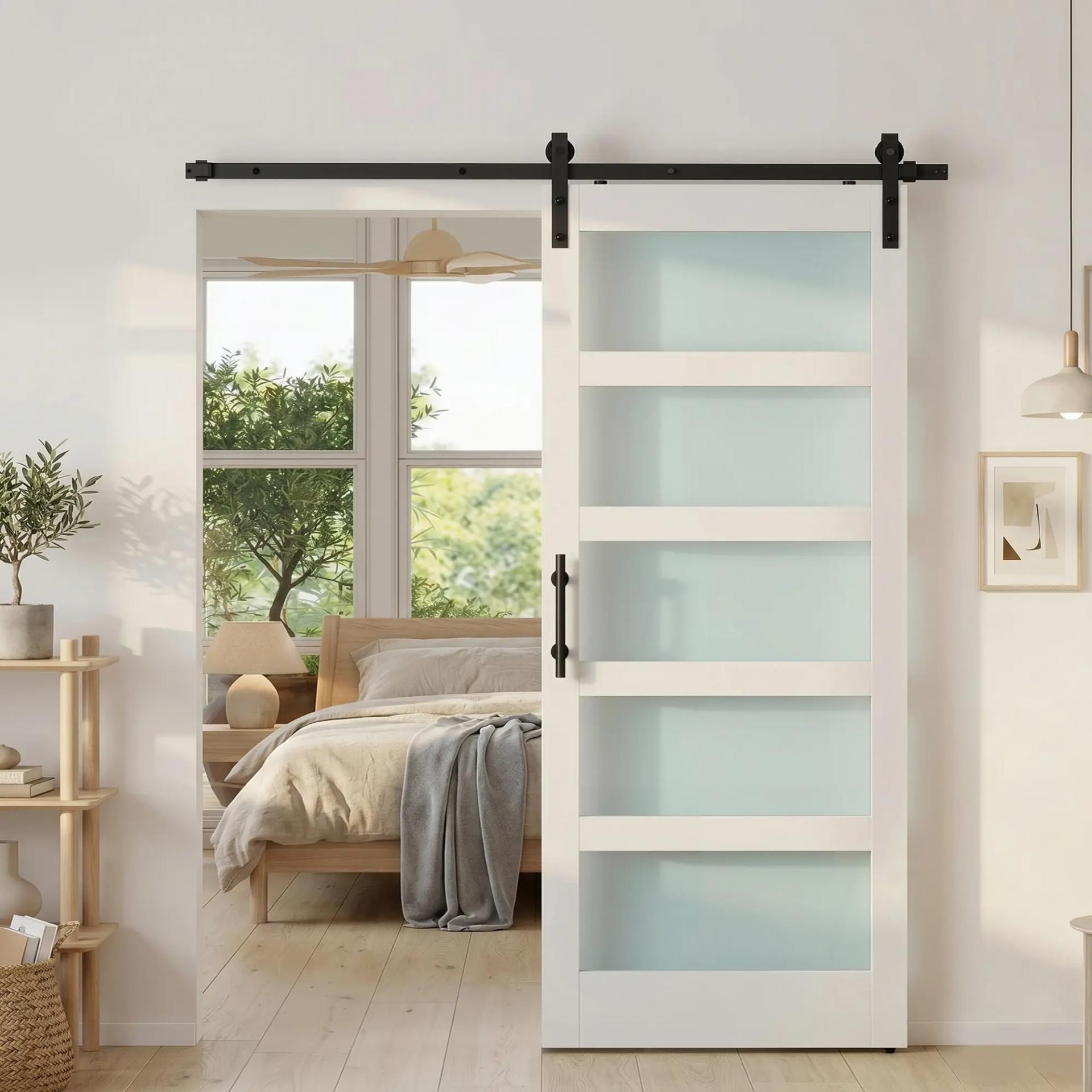Puerta Corredera Interior 91x213 cm con Kit de Montaje, MDF y Vidrio Esmerilado, Riel y Herrajes, Blanco