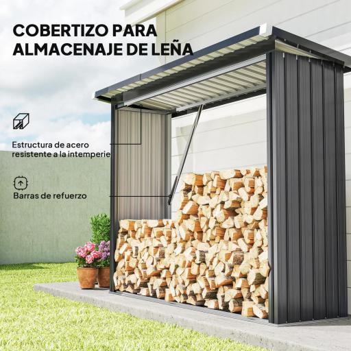Casetilla para Leña de Acero Galvanizado con Base Elevada y Techo Inclinado 213x66,5x150 cm Gris Oscuro [2]
