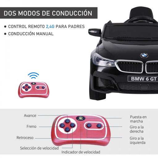 Coche Eléctrico BMW 6GT para Niños +3 Años Automóvil Infantil de Batería 6V con Control Remoto Luces y Sonidos MP3 USB Carga 30 kg 106x64x51 cm Negro [5]