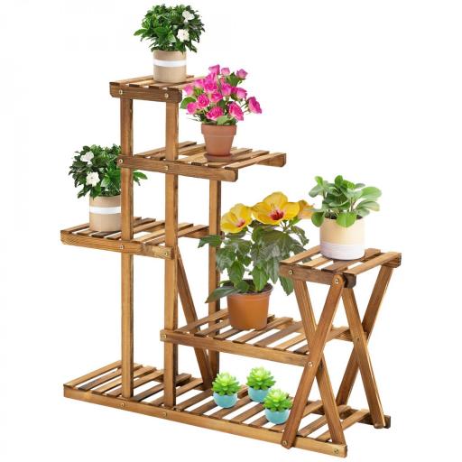 Estantería para Plantas con Pies de Madera con 5 Niveles Carga 60 kg para Interior y Exterior 98x28x95 cm Carbonizado [2]